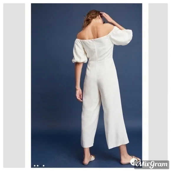 Anthropologie lace front beach ivory wide leg crop jumpsuit